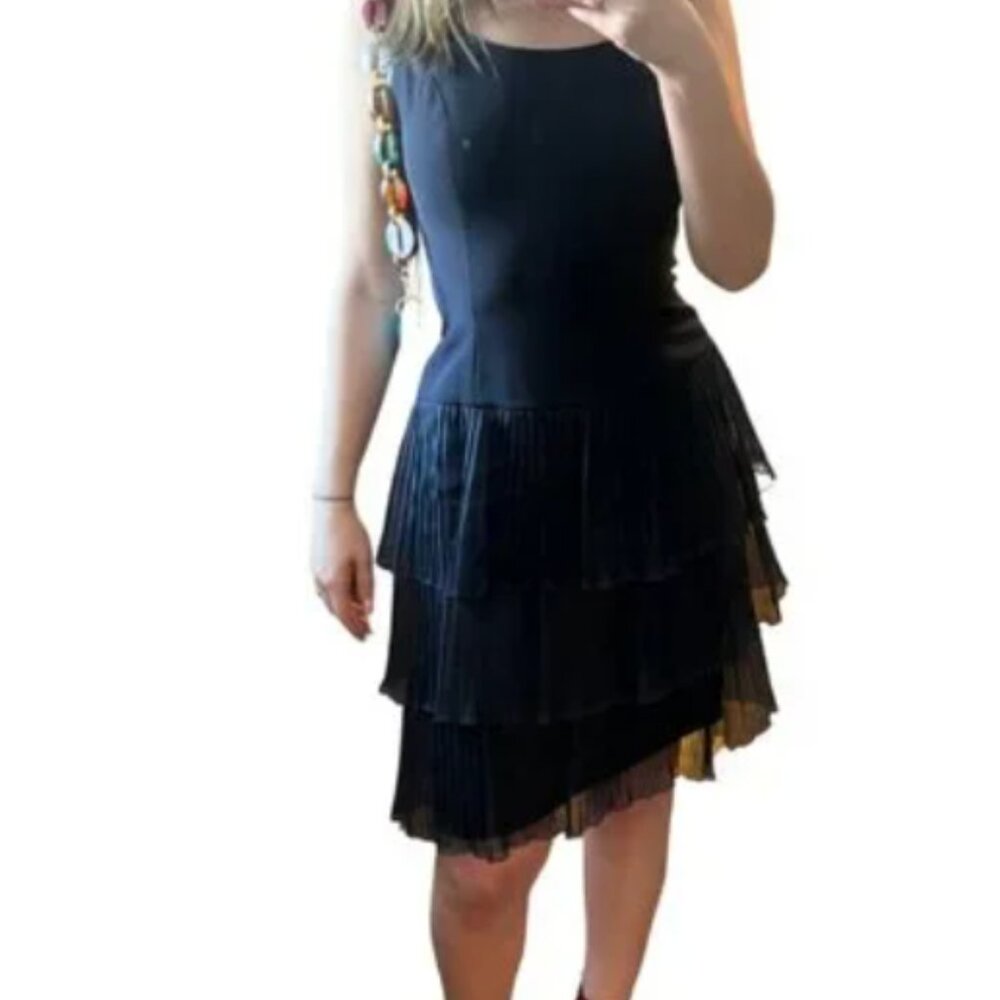 Roland Nivelais 100% Silk Drop Waist Pleated Ruffle Dress – Navy (Size 6)